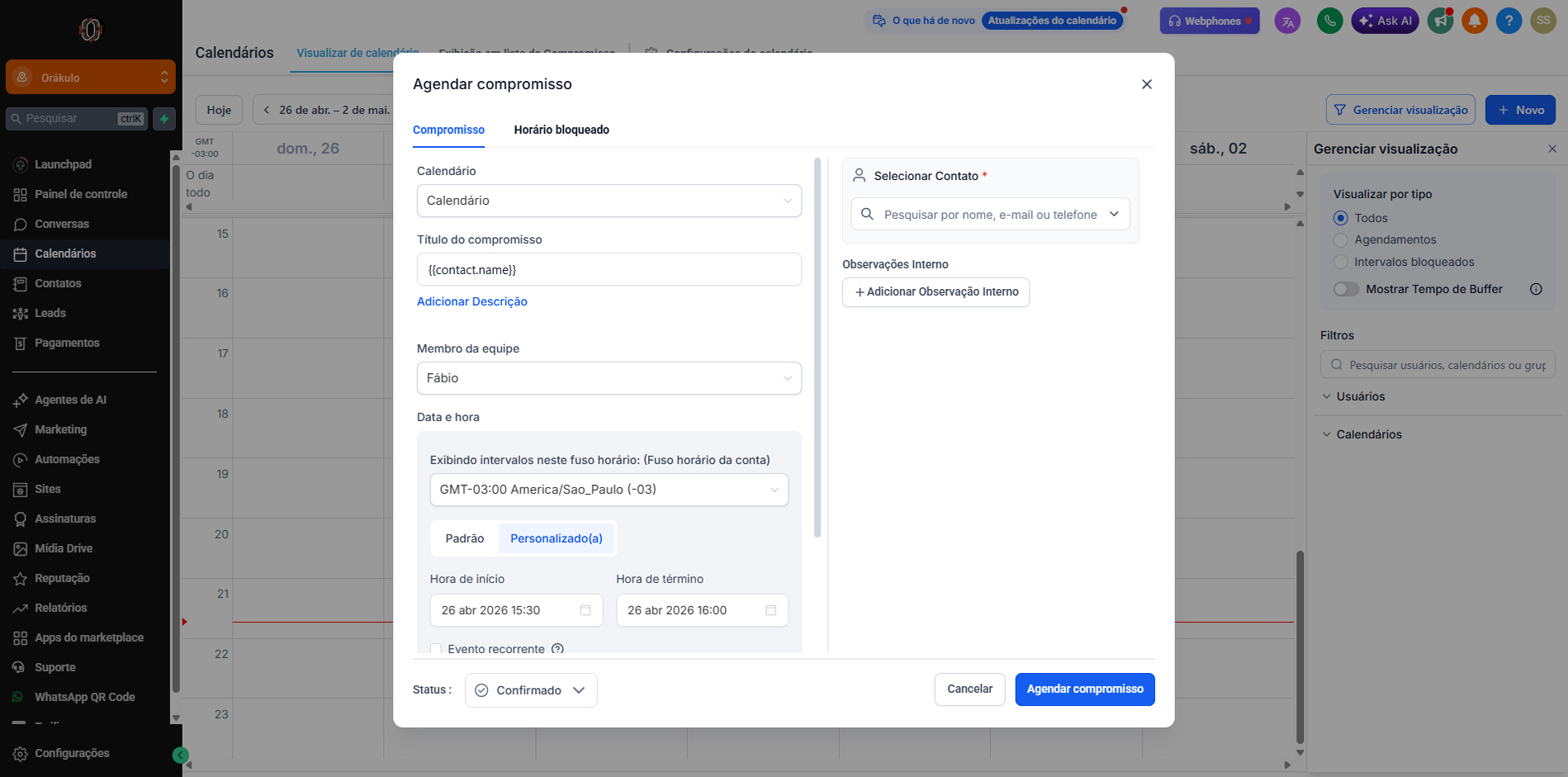 Calendário de agendamentos Orakulo — agenda online integrada ao CRM com confirmação automática