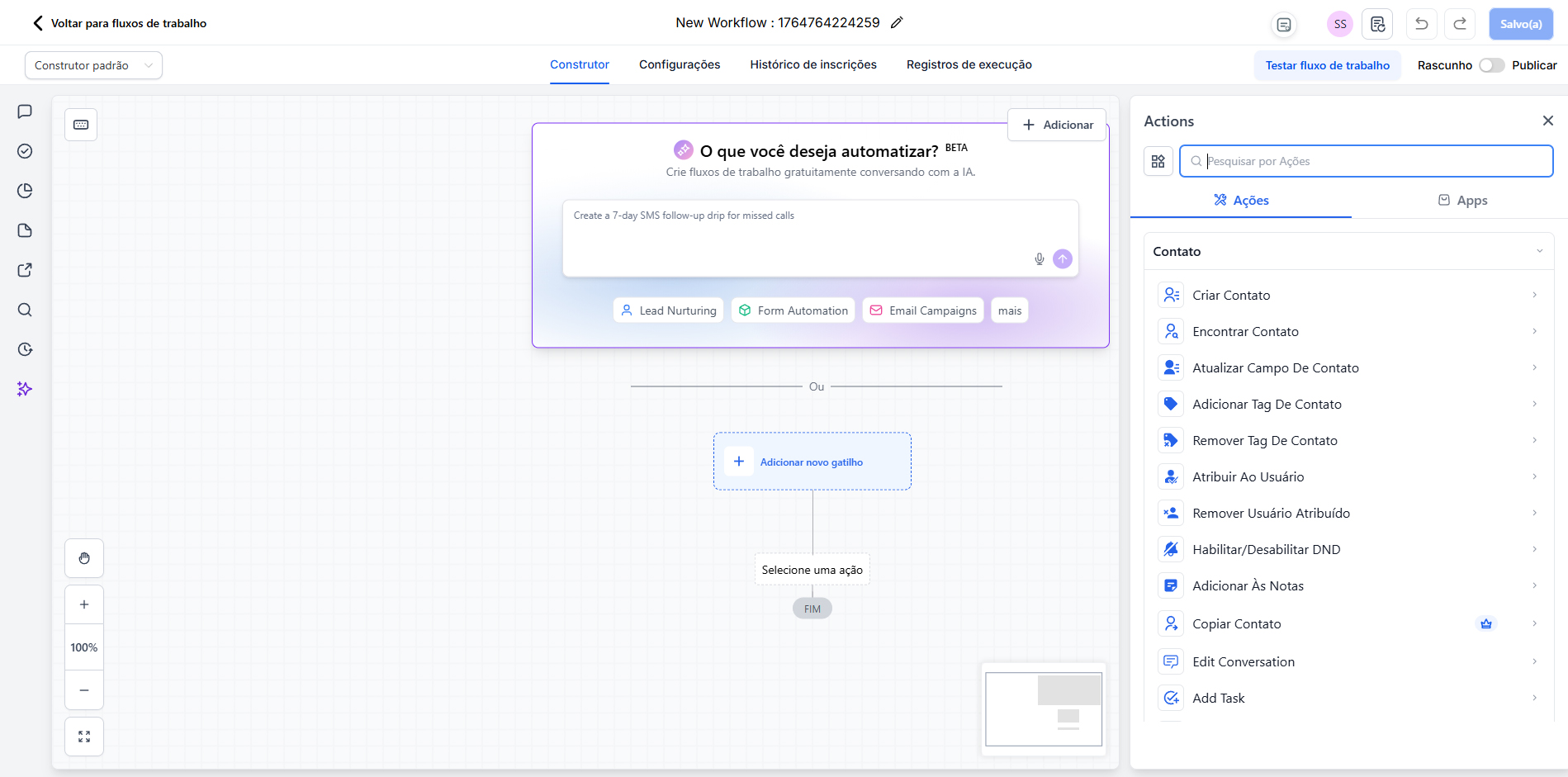Flow builder de automações Orakulo com IA — construtor visual de fluxos de trabalho