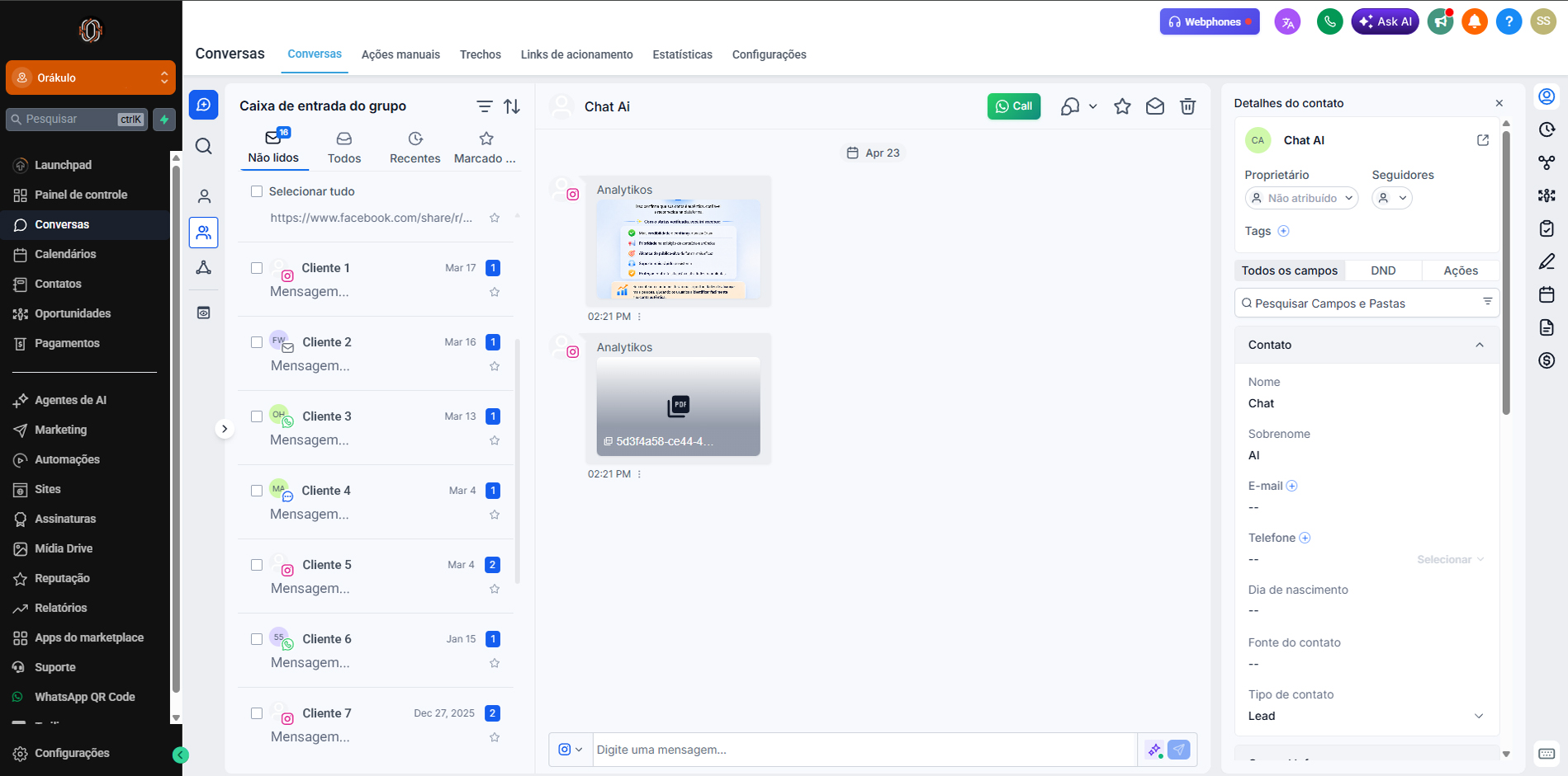 Inbox de conversas Orakulo — caixa de entrada unificada com WhatsApp, e-mail e chat